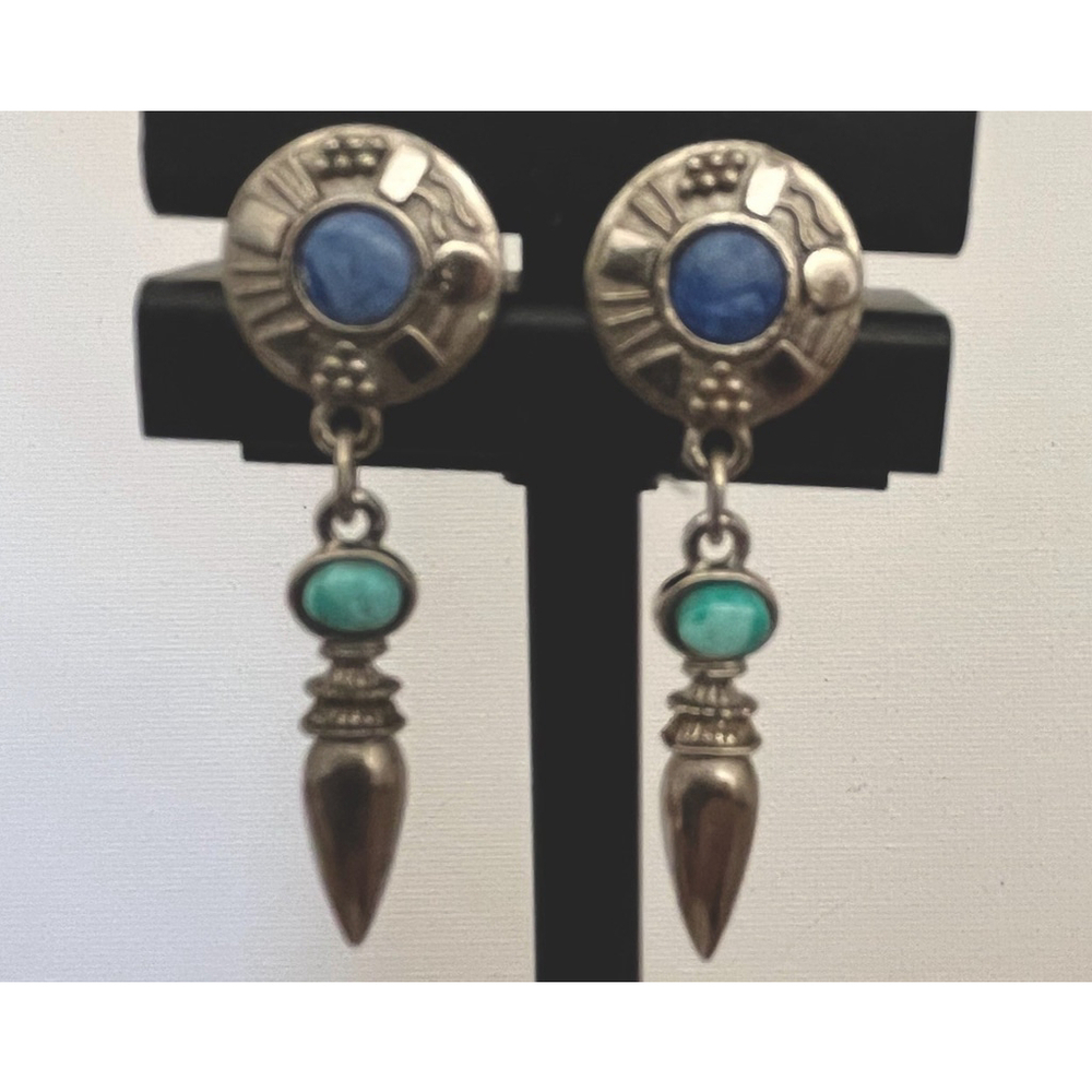 Vintage Post Silver Toned Retro Southwest Earrings Blue Stone Western Long